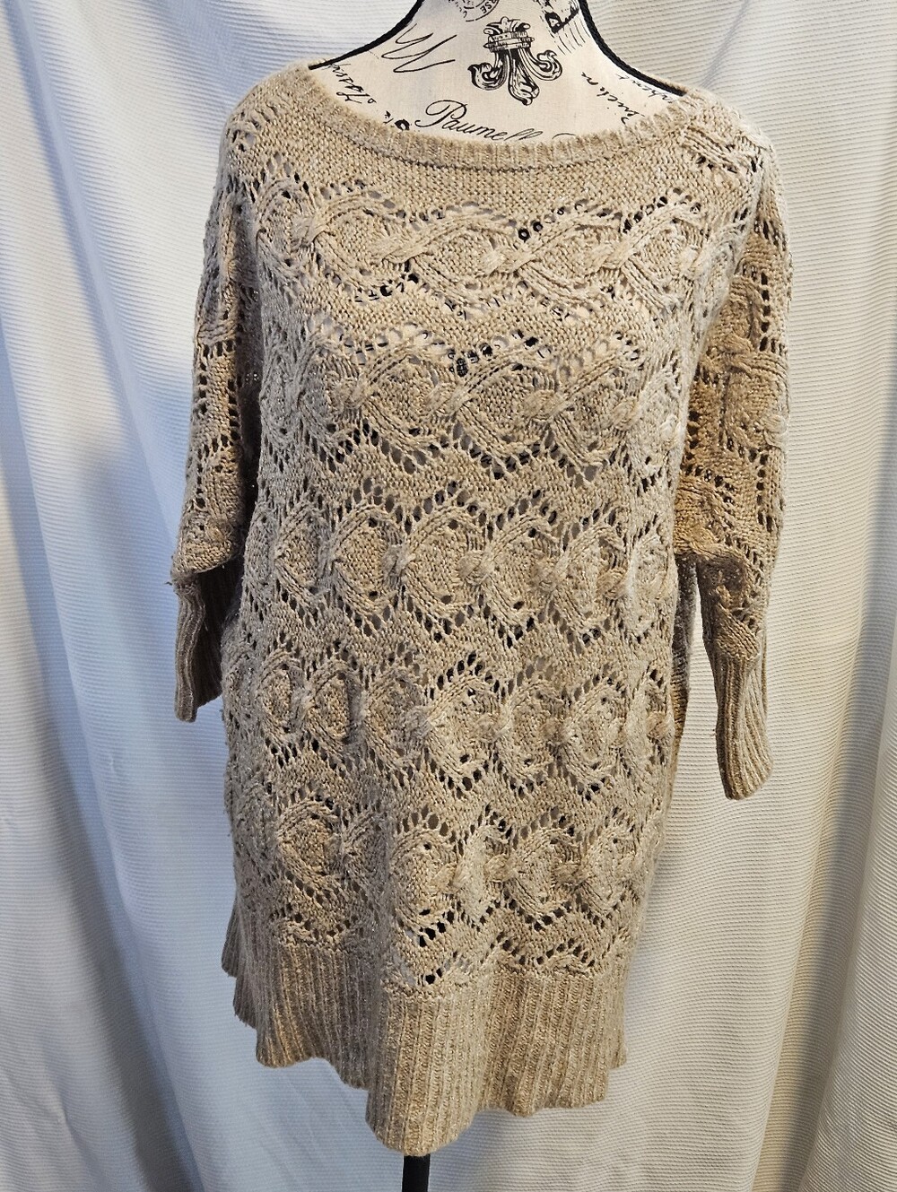United States Sweater Co Beige Open Knit Cable Short Sleeve Sweater 2X